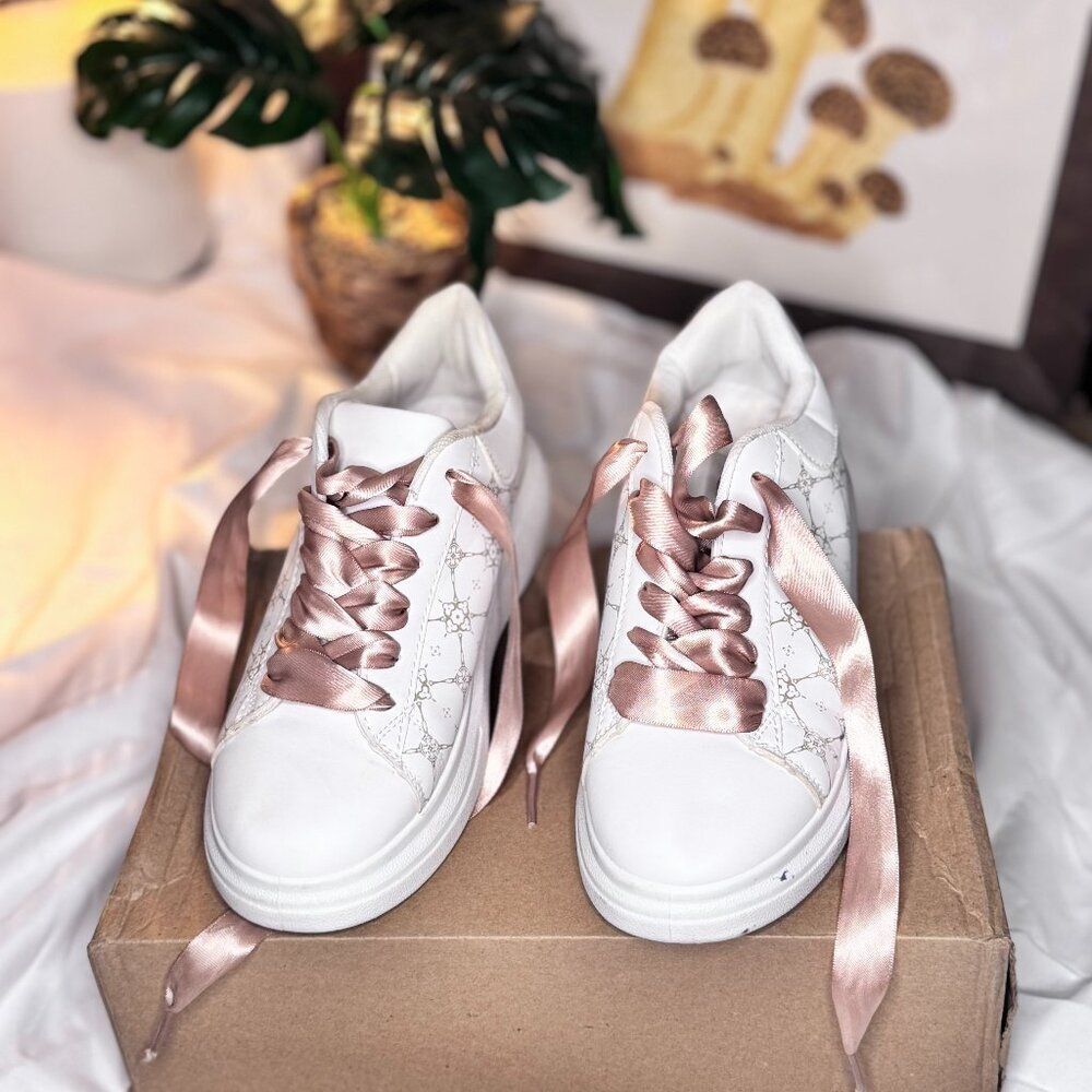 White Pink Ribbon Sneakers Girls Size 4